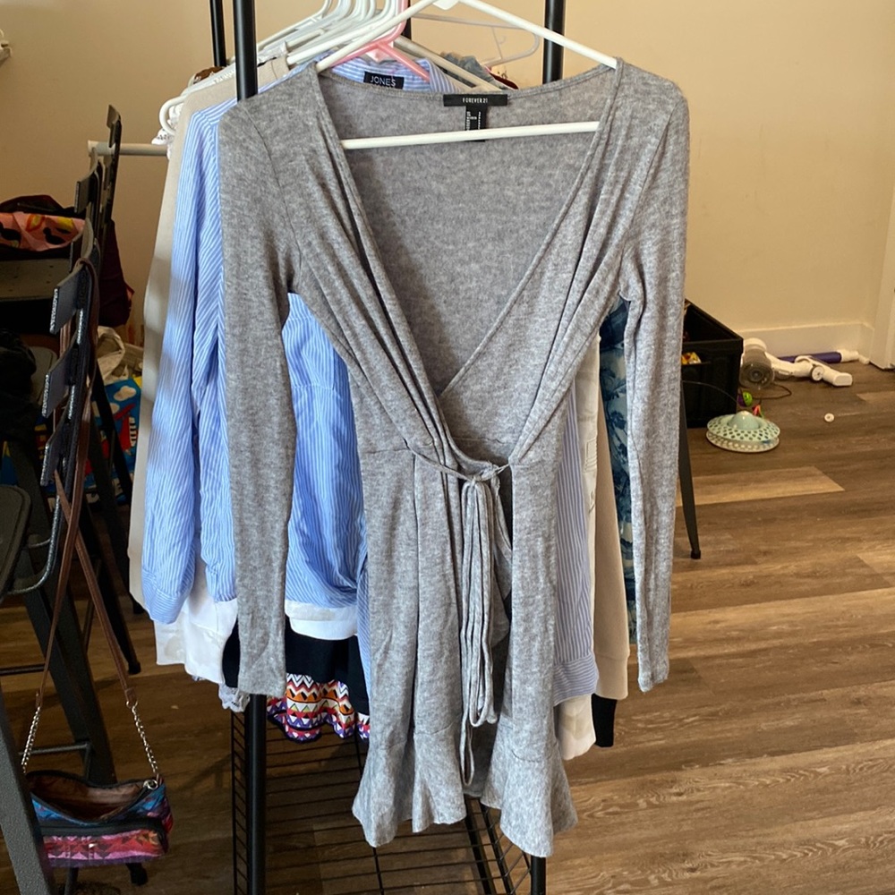 Grey wrap dress, very flattering to waist